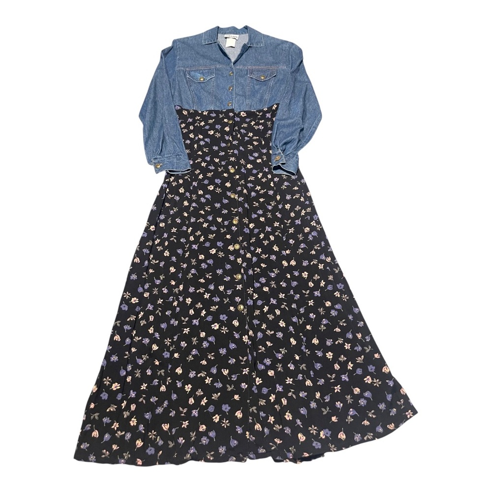 Vintage Niki Lee Denim Floral Maxi Dress Cottagecore Grunge Prairie USA Size 7
